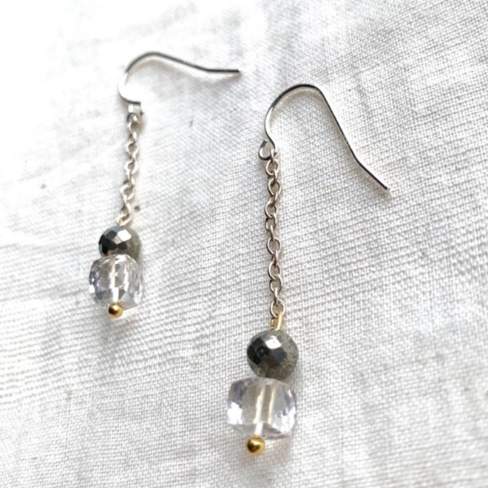 Pyrite & Quartz Stone Earrings w Sterling Earrings